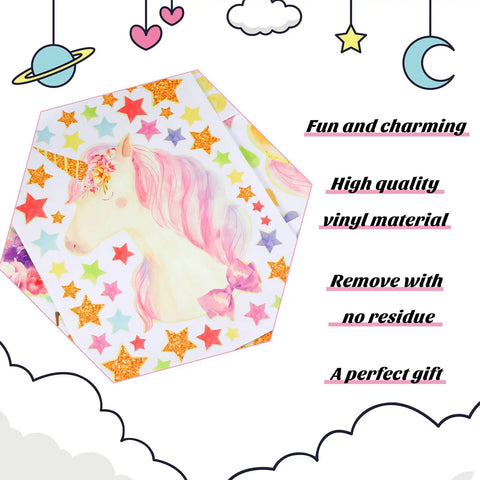 Stars Wall Decals Set With Unicorn And Clouds Glow In The Dark for bedroom ceiling decor, vinyl unicorn and stars illustration