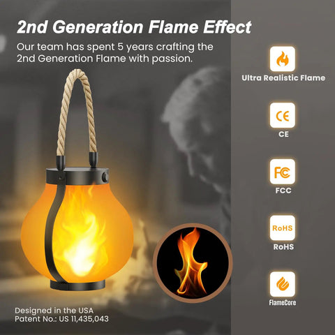 Gen 2 Solar Lanterns For Outdoors With Dual USB And Solar Charging, showing 2nd generation flame effect with rope handle.