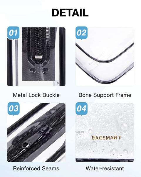 Clear Toiletry Bags Set Three Pack TSA Approved Carry On Quart Size Water Resistant Makeup Bags For Women Easy Airport Security Pass Travel Organizer For Luggage Airline Friendly details of lock buckle, support frame, reinforced seams, and water resistance.