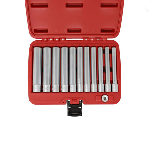 Open red case showing Deep 120mm Metric Socket Set Eleven Piece With Three Eighths Inch Drive Long Reach Sockets From Eight To Eighteen Millimeter