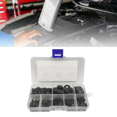 Nylon Flat Washers Assortment Kit 500 Pcs Black for Screws and Bolts 8 Size Set for Household Outdoor DIY Projects Handy for Furniture Repair and Equipment Maintenance Ideal for Home Repairs and Durable Indoor Outdoor Use. Black nylon washers in compartment box
