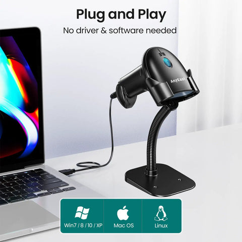 USB Wired Barcode Scanner With Stand For Computer And POS 2D 1D QR Code Reader, shown connected to laptop with stand
