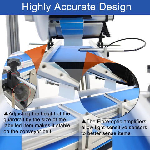 Close-up of Plug And Go Automatic Flat Bottle Label Applicator Desktop Labeling Machine With Conveyor Belt showing precision adjustments.