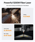 MetalFab 1200W 4-in-1 Laser Welding Machine With CNC Cutter demonstrating 0.2 inch welding, 0.39 inch cutting capability