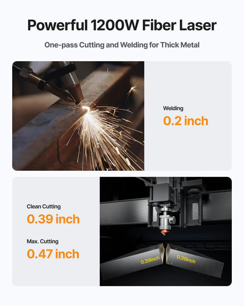 MetalFab 1200W 4-in-1 Laser Welding Machine With CNC Cutter demonstrating 0.2 inch welding, 0.39 inch cutting capability