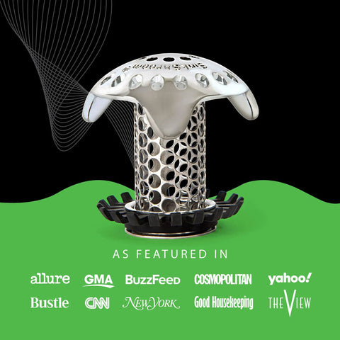 Ultra Durable Stainless Steel Bathroom Sink Drain Protector With Stopper Bundle on green background with featured logos