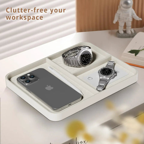 Premium PU Leather Jewelry And Key Organizer Grab-And-Go Tray For Desk or Nightstand with phone and watches in storage