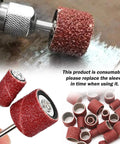 Sanding drum set for Dremel rotary tools; red aluminum oxide sanding sleeves and drum mandrels displayed.