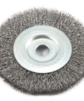 Heavy Duty Coarse Crimped Wire Wheel Brush With Half Inch Arbor And Four Inch Diameter, silver wire bristles for rust and paint tasks.