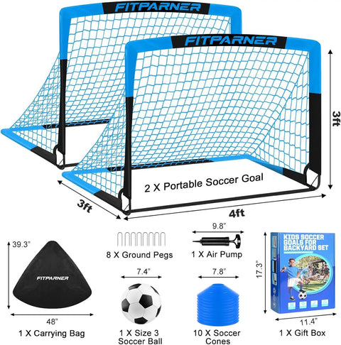 Backyard Kids Soccer Goals Set Two Pack Portable Pop Up Nets With Ball Cones Pump And Ground Stakes Complete Training Gear Kit