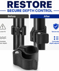 Cam Lock Depth Collar Assembly For Trolling Motors, Hand Control Depth Collar Fits One And One Eighth Inch Shaft featured in before and after usage, highlighting secure adjustment and lock mechanism on a black shaft.