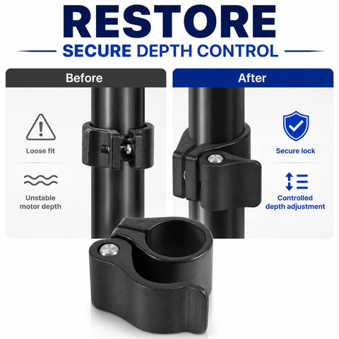 Cam Lock Depth Collar Assembly For Trolling Motors, Hand Control Depth Collar Fits One And One Eighth Inch Shaft featured in before and after usage, highlighting secure adjustment and lock mechanism on a black shaft.