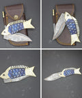 Custom Copper Damascus Fish Style Folding Knife With Ladder Pattern Blade Handmade EDC Ready Brass Engraved Handle Sheath