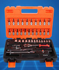Heavy Duty 46 Piece Metric Socket Set With Heat Treated Steel And One Quarter Inch Drive In A Rugged Carry Case, open view with tools arranged.