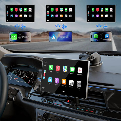 9 Inch Wireless Apple CarPlay And Android Auto Dash Receiver With 4K Dash Cam shown in vehicle dashboard setup