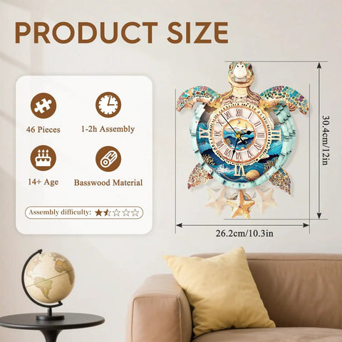 Hands-On 3D Clock Kit For Adults, Turtle Design Mechanical DIY Pendulum Clock With Roman Numerals, product size display
