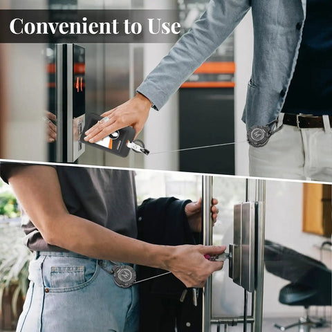 Heavy Duty Retractable Keychain Badge Reel With Carabiner And 31.5 Inch Dyneema Cord in use for access cards at office