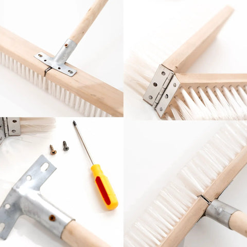 Close-up of Heavy Duty Push Broom With Rock Solid Four Layer Stiff Plastic Bristles and a wooden handle, showcasing bristles and construction details.