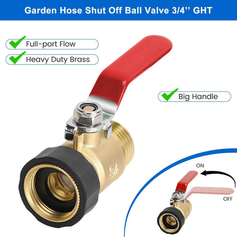 Heavy Duty Garden Hose Shut Off Valve 3/4 GHT with red handle, brass construction, high flow, outdoor watering.