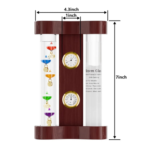 4 In 1 Indoor Weather Station With Glass Galileo Thermometer Fitzroy Storm Glass Precision Quartz Clock And Hygrometer, 7x4.3 inch, cherry wood base.