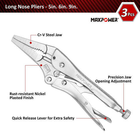 Pro Grade 15 Piece Locking Pliers Set With C Clamps Long Nose Pliers Pinch Off Pliers Sheet Metal Clamp U Shaped Pliers And Tool Bag Built For DIYers And Pros long nose pliers with Cr-V steel jaw.