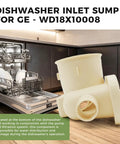 Rock Solid Dishwasher Inlet Sump For Pump Replacement WD18X10008 beige component shown near GE dishwasher for water flow direction.