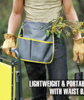 Person holding Garden Kneeler And Seat 2 In 1 Heavy Duty With Handles For Seniors, wearing gloves, carrying gardening tools with waist bag
