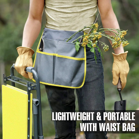 Person holding Garden Kneeler And Seat 2 In 1 Heavy Duty With Handles For Seniors, wearing gloves, carrying gardening tools with waist bag