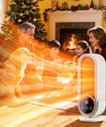 Portable Indoor Space Heater With 1200W PTC Ceramic Rapid Heating in a cozy living room with a family and dog, holiday decor