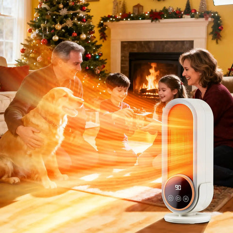 Portable Indoor Space Heater With 1200W PTC Ceramic Rapid Heating in a cozy living room with a family and dog, holiday decor