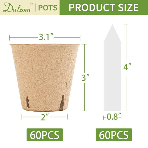 60 Pack 3.1 Inch Biodegradable Peat Pots With 60 Plant Labels, showing pot size 3.1" and label size 4" with drainage holes.