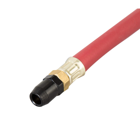 Close-up of red hose end of Straight Air Chuck Tire Inflator With Built In Gauge And 12 Inch Hose For 10 To 90 PSI Push On Chuck Steel Casing