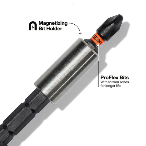 Close-up of magnetizing bit holder and ProFlex bits for the 8-In-1 Stubby Screwdriver With Magnetic Handle, Impact Rated And Adjustable Blade.
