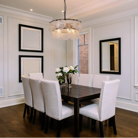 Dining room with Two-Tier Farmhouse Glass Chandelier With Seeded Glass Shades, Modern Hanging Pendant Light