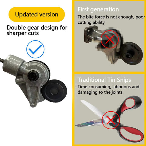 Front view of metal drill cutter for sheet metal with double-gear design; includes close-up cutting area and tin snips comparison.