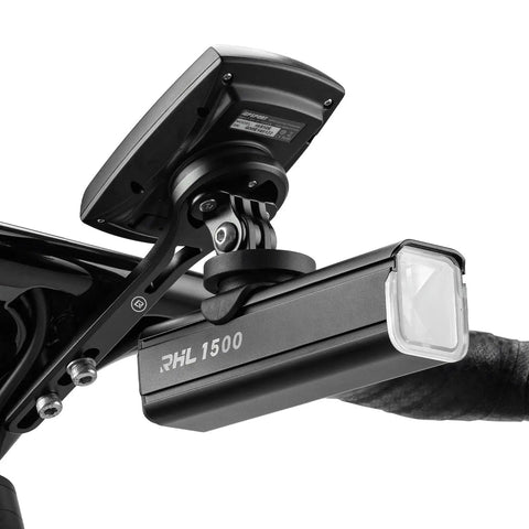 Out Front Bike Computer Dash Mount For Aero Integrated Handlebars Compatible With Garmin Wahoo Bryton And GoPro Camera Mount With Headlight Attachment And 3 Base Compatibility For Safe Ride Ready Recording on aero handlebars with RHL 1500 light