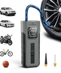 Cordless Tire Inflator Portable Air Compressor With Digital Pressure Gauge And LED Light, 150 PSI Electric Pump shown with car tire, bike, ball, and motorcycle adapters