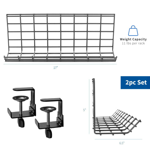 Two Pack Clamp On Desk Cable Management Trays 17 Inch Iron Mesh Racks For Under Desk Cords Power Strips And Surge Protectors Cord Organizer Solution For Home Office Black shown with dimensions and clamp details.