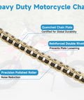428H Chain 130 Links Ready To Roll Direct Replacement For 125cc To 200cc Dirt Bikes ATVs Go Karts And Quads, close-up view with features like quenched chain plate and precision polished roller.