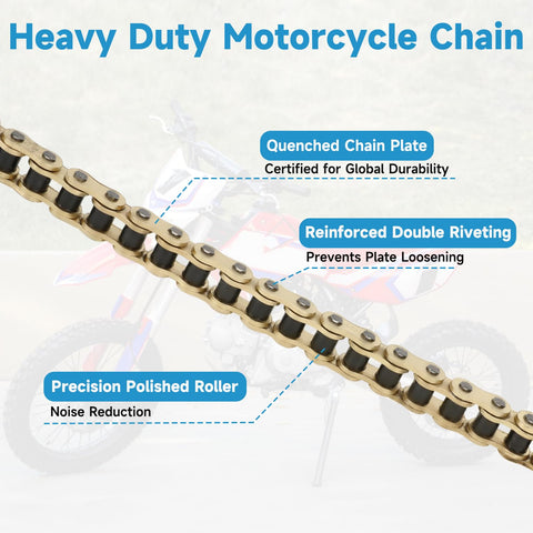 428H Chain 130 Links Ready To Roll Direct Replacement For 125cc To 200cc Dirt Bikes ATVs Go Karts And Quads, close-up view with features like quenched chain plate and precision polished roller.