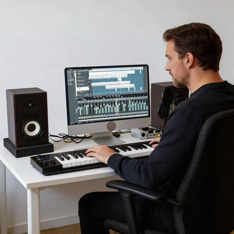 Top Grade Acoustic Isolation Pads For Five Inch Studio Monitor Speakers Featuring Dead Quiet Sound Dampening And Rock Solid Vibration Control For A Tighter Audio Mix on speaker stands.