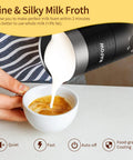 4 In 1 Electric Milk Frother And Warmer With Large 10oz Capacity Delivers Dense Hot Foam Or Light Foam Heats Milk Or Froths Cold Milk For Lattes Cappuccinos Macchiatos And Hot Chocolate With One Button pouring milk into cup