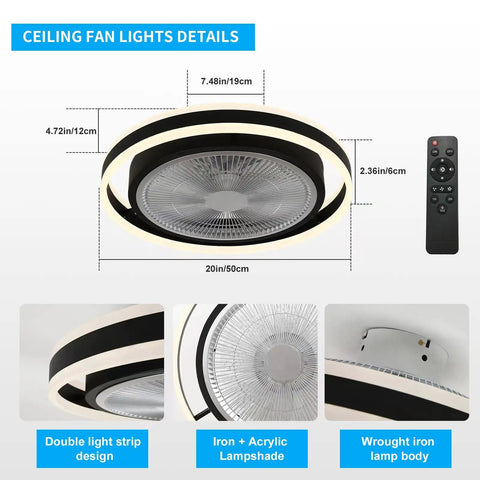 Sleek Enclosed Flush Mount Ceiling Fan With Lights 20 Inch Remote Control Dimmable LED Light Low Profile Bladeless Style Ceiling Fan For Bedroom And Living Space dimensions and remote control