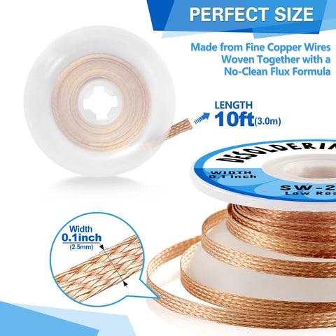 3 Pack Desoldering Wick 2.5mm Wide 3M Long Copper Braided No Clean Solder Remover Wick spool with dimensions shown