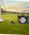 Golf Swing Trainer Bag Impact Hitting Bag For Indoor And Outdoor Practice next to golfer on green course, compact design visible