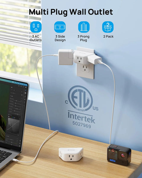Three Way Angled Wall Outlet Extender 2 Pack Space Saving Fast Charging Station Splitter For Bathroom, Kitchen And Home Office ETL Listed Compact Plug Expander For Laptops, Phones, Cameras, Shavers