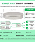 Foxvee 7.87 Inch White Motorized Rotating Display Stand 360 Silent Spinning Turntable with USB Type C cable, speed control and multiple modes.
