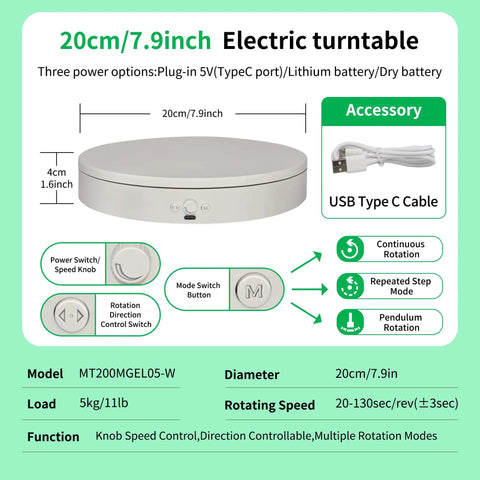 Foxvee 7.87 Inch White Motorized Rotating Display Stand 360 Silent Spinning Turntable with USB Type C cable, speed control and multiple modes.