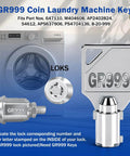 Tubular Key Set Of 5 For Greenwald And Speed Queen Commercial Washers And Dryers Go To Replacement Keys For Coin Operated Laundry Machines Durable Anti Rust Construction Fits Multiple Model Numbers, close-up of GR999 key and lock with washer.