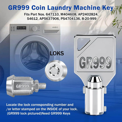 Tubular Key Set Of 5 For Greenwald And Speed Queen Commercial Washers And Dryers Go To Replacement Keys For Coin Operated Laundry Machines Durable Anti Rust Construction Fits Multiple Model Numbers, close-up of GR999 key and lock with washer.